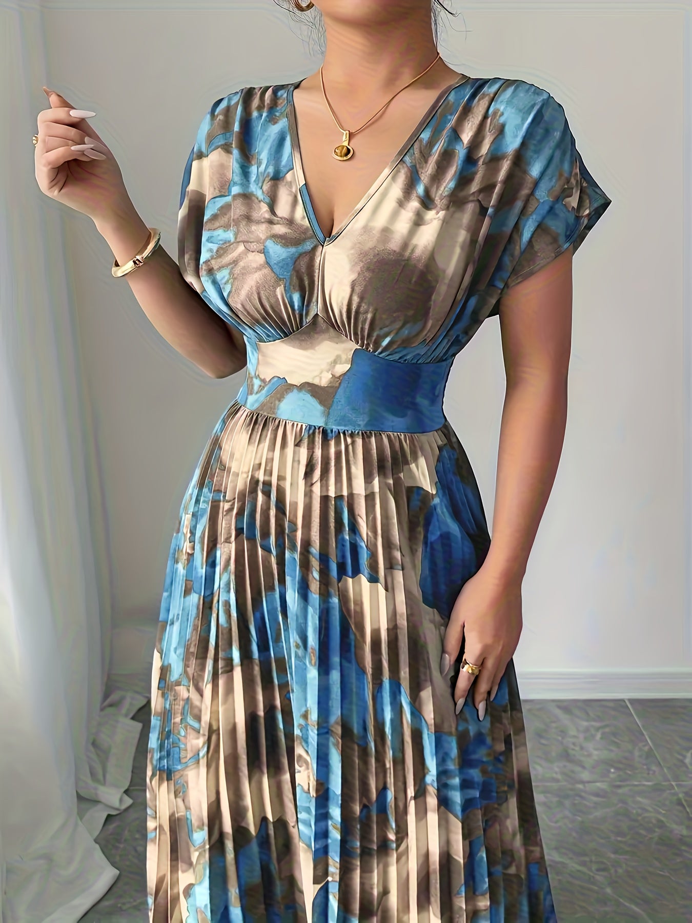 Blue & Gold Pleated V-Neck Flowy Maxi Dress — Elegant Movement, Vacation-Ready Radiance