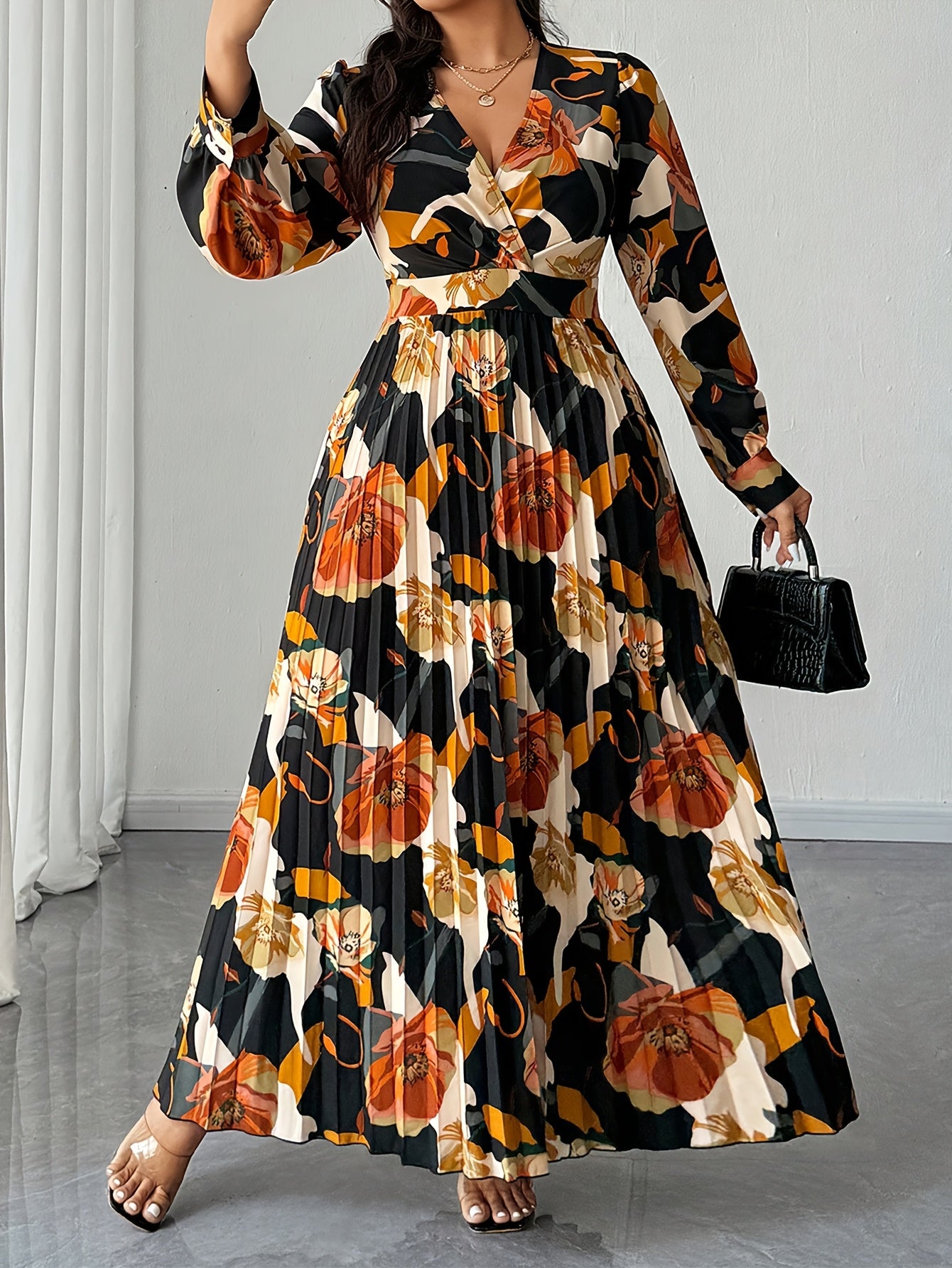 Floret Fit-and-Flare Midi Dress — Long-Sleeve Floral Elegance in Full Bloom