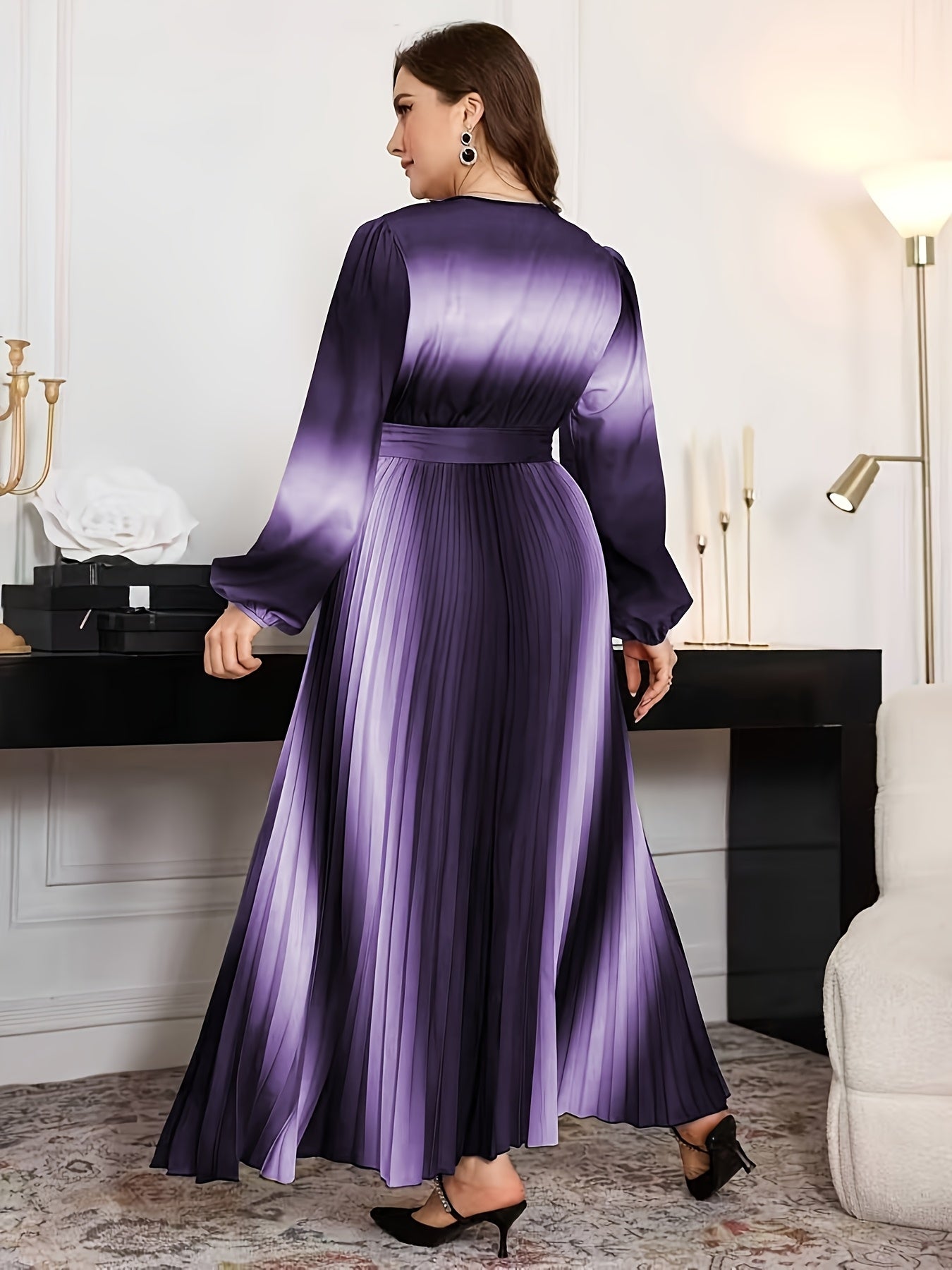 Gradient Lantern-Sleeve Tie-Waist A-Line Maxi Dress — Flowy Drama, Effortlessly Elevated