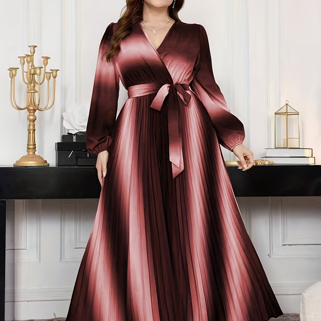 Gradient Lantern-Sleeve Tie-Waist A-Line Maxi Dress — Flowy Drama, Effortlessly Elevated