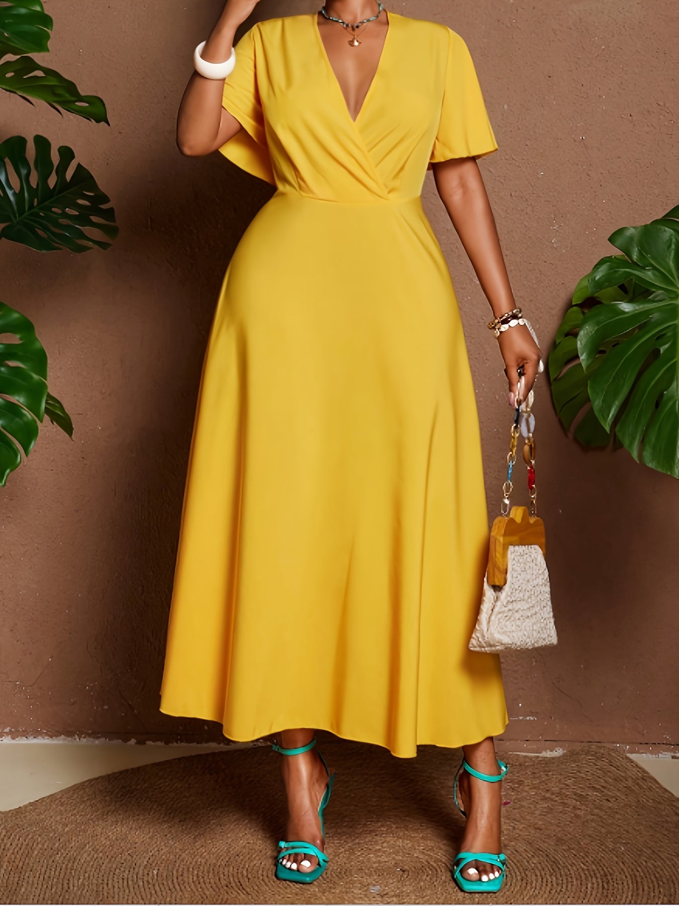 Solid Fitted-Bodice Flowy V-Neck Maxi Dress — Graceful Structure, Occasion-Ready Elegance