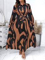 Geometric Beige Belted Shirt Dress — Long Sleeve Structure, Floor-Length Refinement