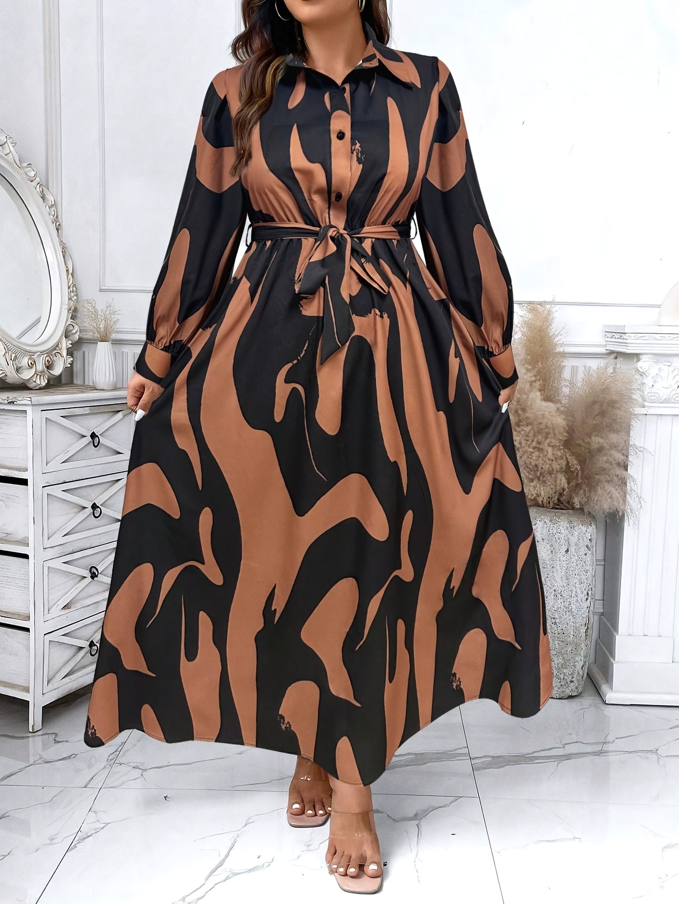 Geometric Beige Belted Shirt Dress — Long Sleeve Structure, Floor-Length Refinement