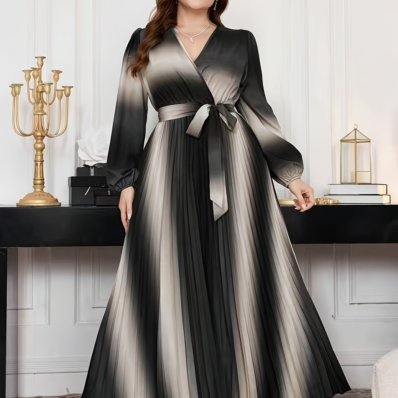 Gradient Lantern-Sleeve Tie-Waist A-Line Maxi Dress — Flowy Drama, Effortlessly Elevated