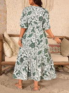 Plus Size Tropical Floral Puff-Sleeve Maxi Dress — High-Waist Loose Fit for Effortless Beachside Beauty