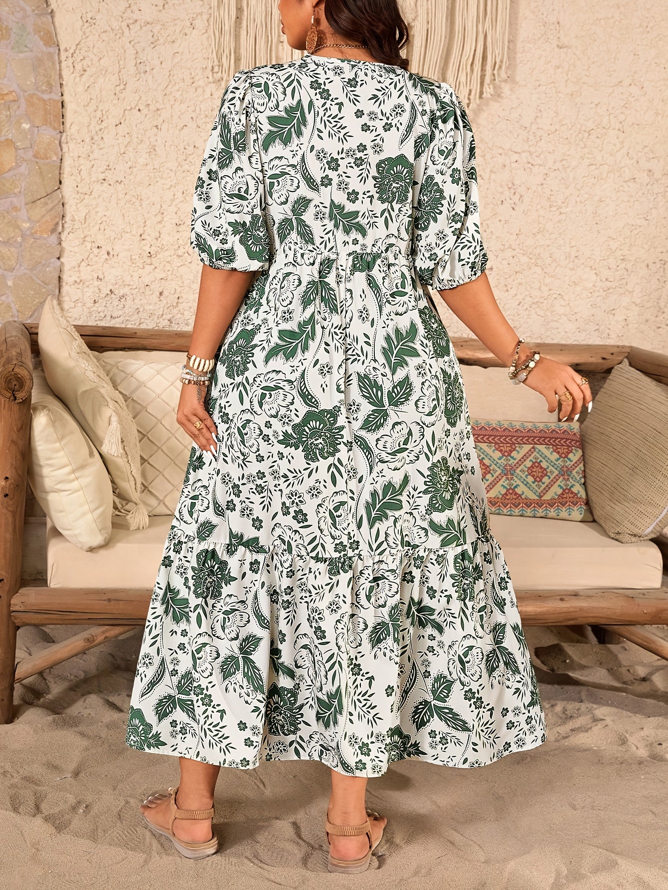 Plus Size Tropical Floral Puff-Sleeve Maxi Dress — High-Waist Loose Fit for Effortless Beachside Beauty