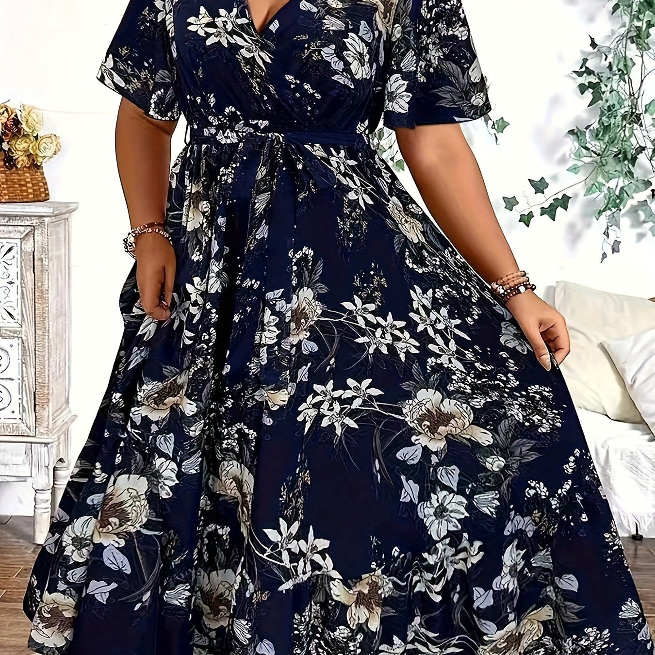 Blue Floral Waist-Tie Maxi Dress — Garden-Fresh Print, Gracefully Cinched