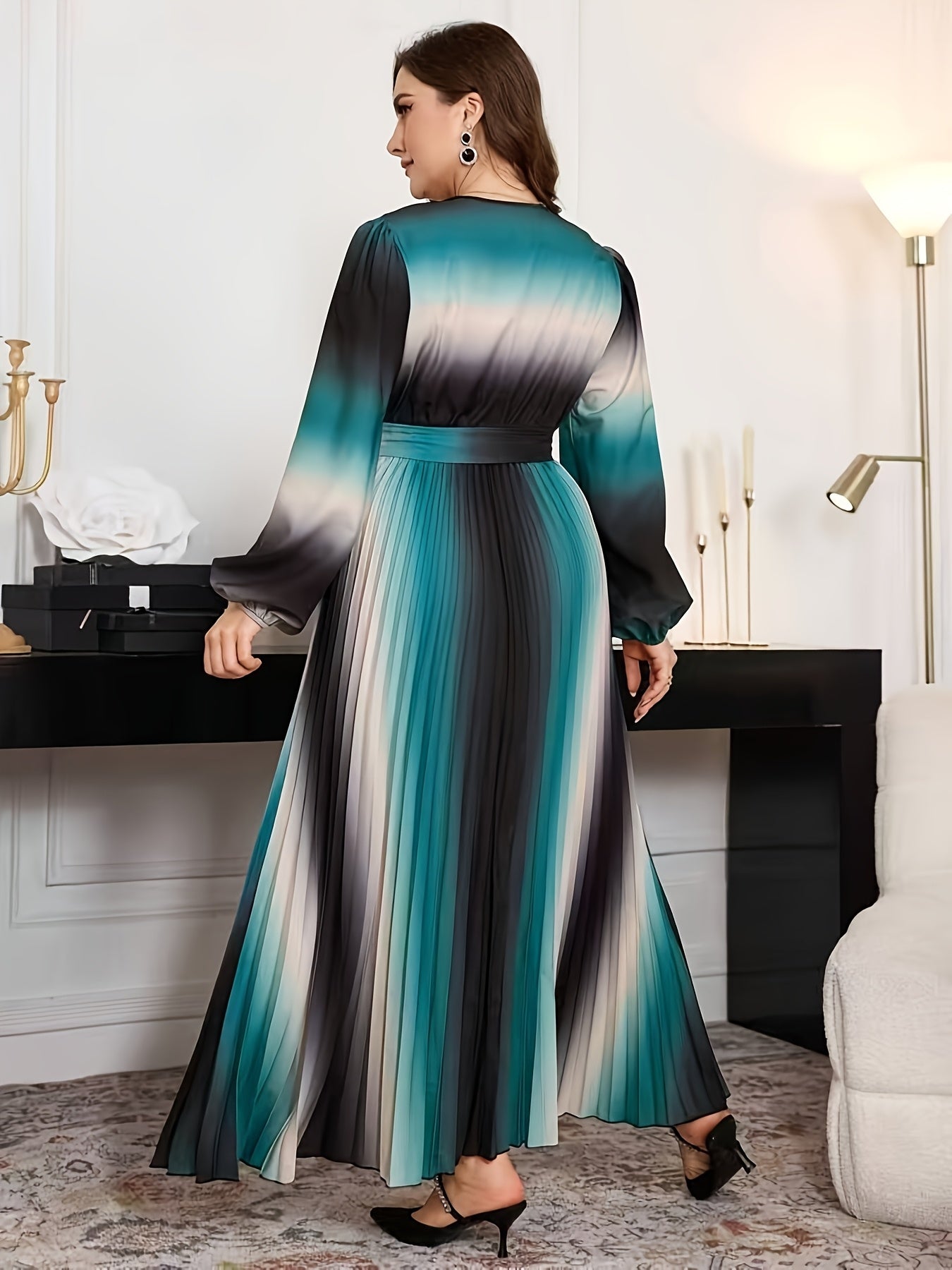 Gradient Lantern-Sleeve Tie-Waist A-Line Maxi Dress — Flowy Drama, Effortlessly Elevated