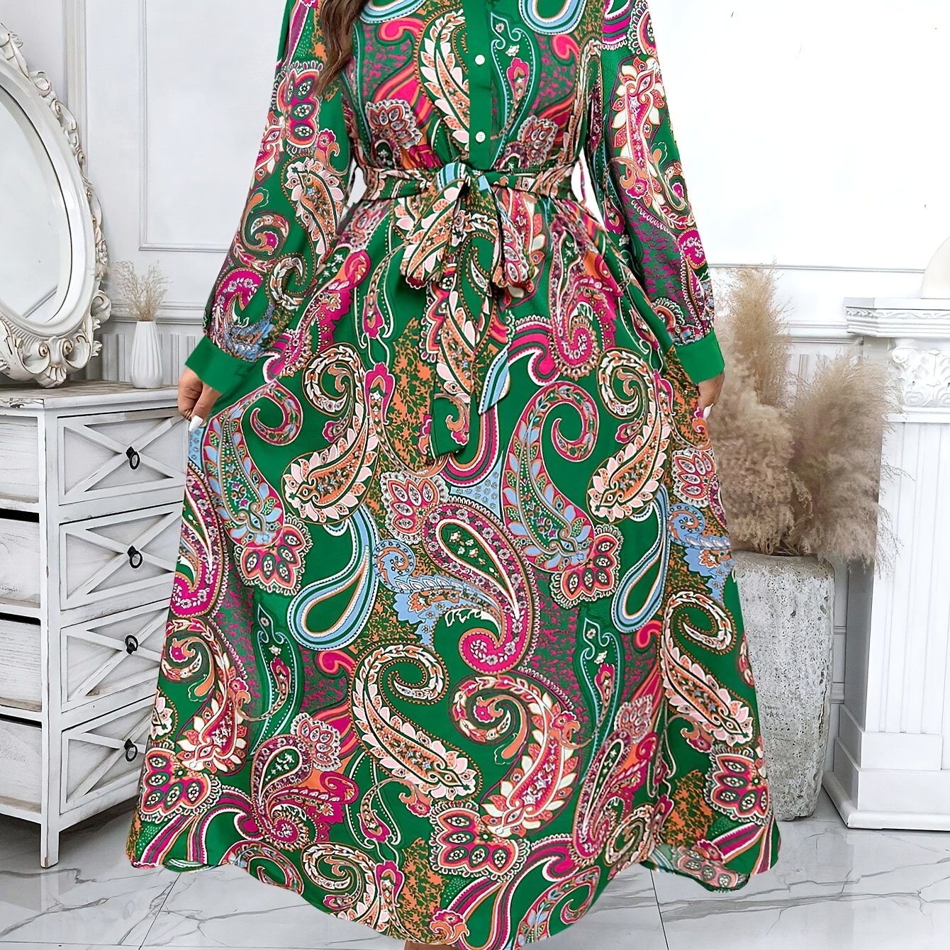 Paisley Print Button-Front Wrap Dress — Timeless Pattern, Effortlessly Draped