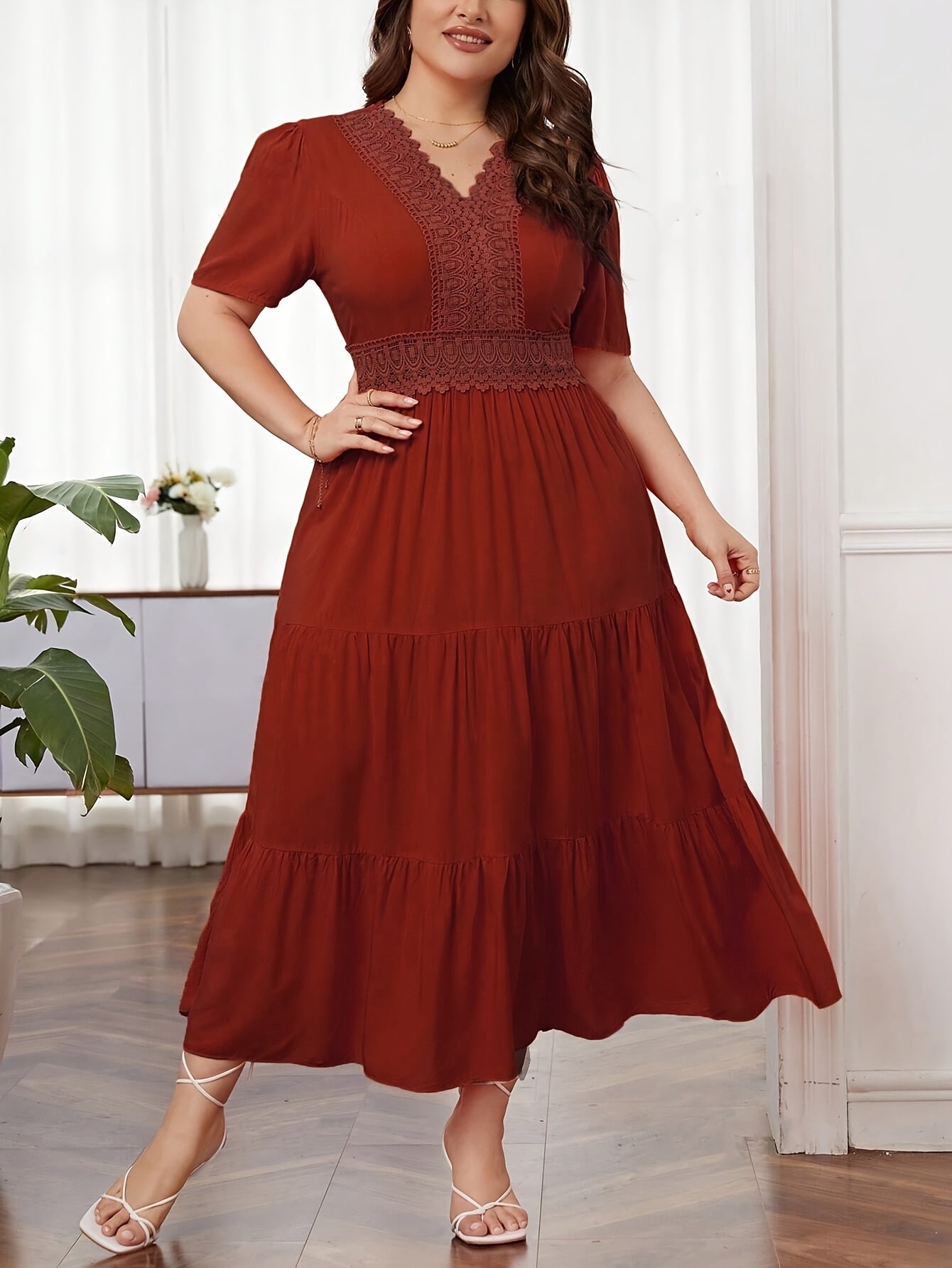 Plus Size Emerald Lace — A Line Dress with Flattering V - Neckline