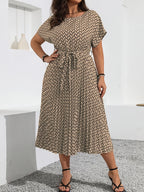 Printed Pencil-Skirt Midi Dress — Round Neck Refinement, Office-Ready Chic