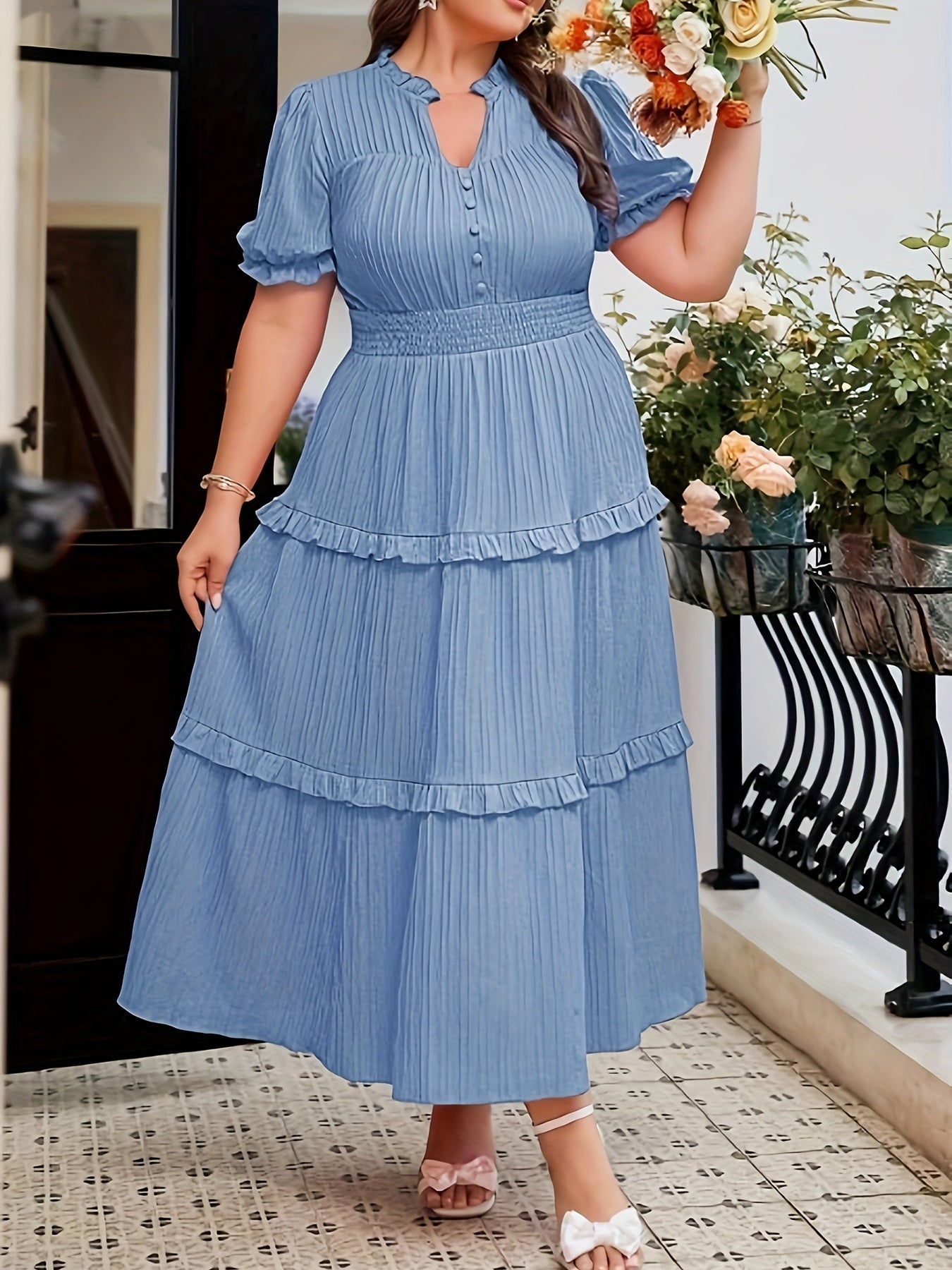 Soft Pink Ruffle Stand-Collar Maxi Dress — Structured Romance, Unhurried Grace