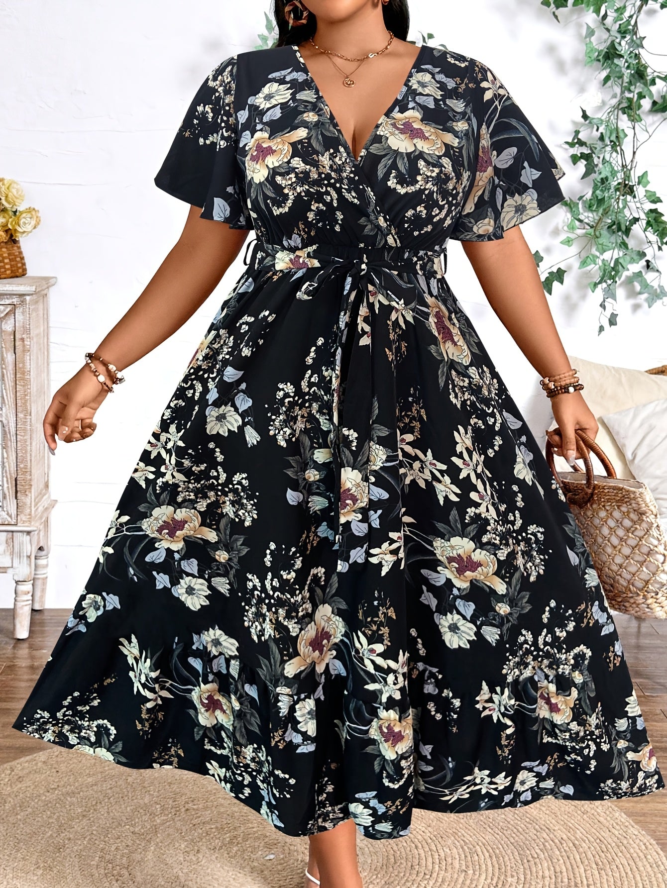 Blue Floral Waist-Tie Maxi Dress — Garden-Fresh Print, Gracefully Cinched