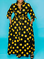 Pois Belted Maxi Dress — Collared Charm, Polka Dot Precision, Floor-Length Poise