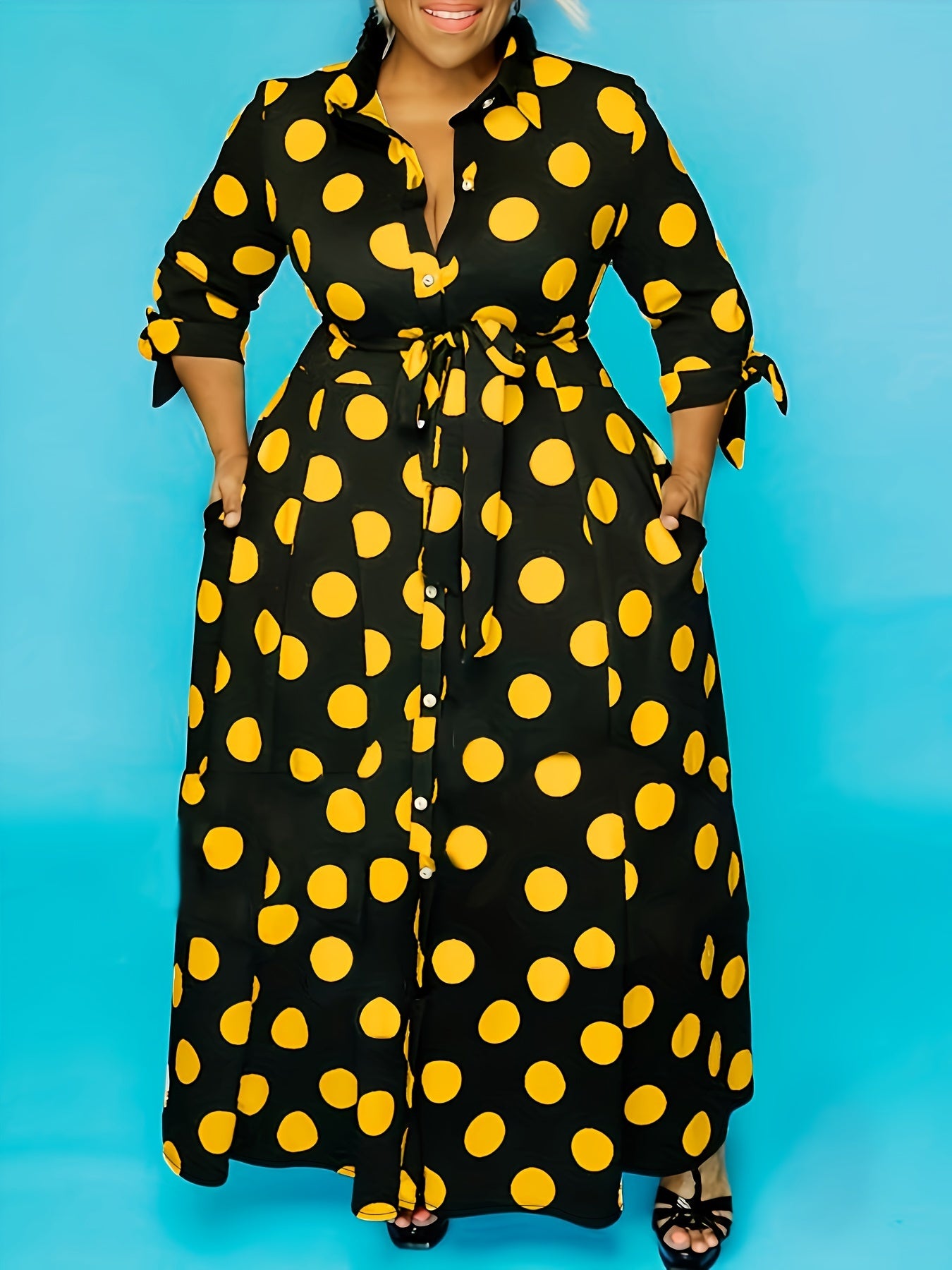 Pois Belted Maxi Dress — Collared Charm, Polka Dot Precision, Floor-Length Poise