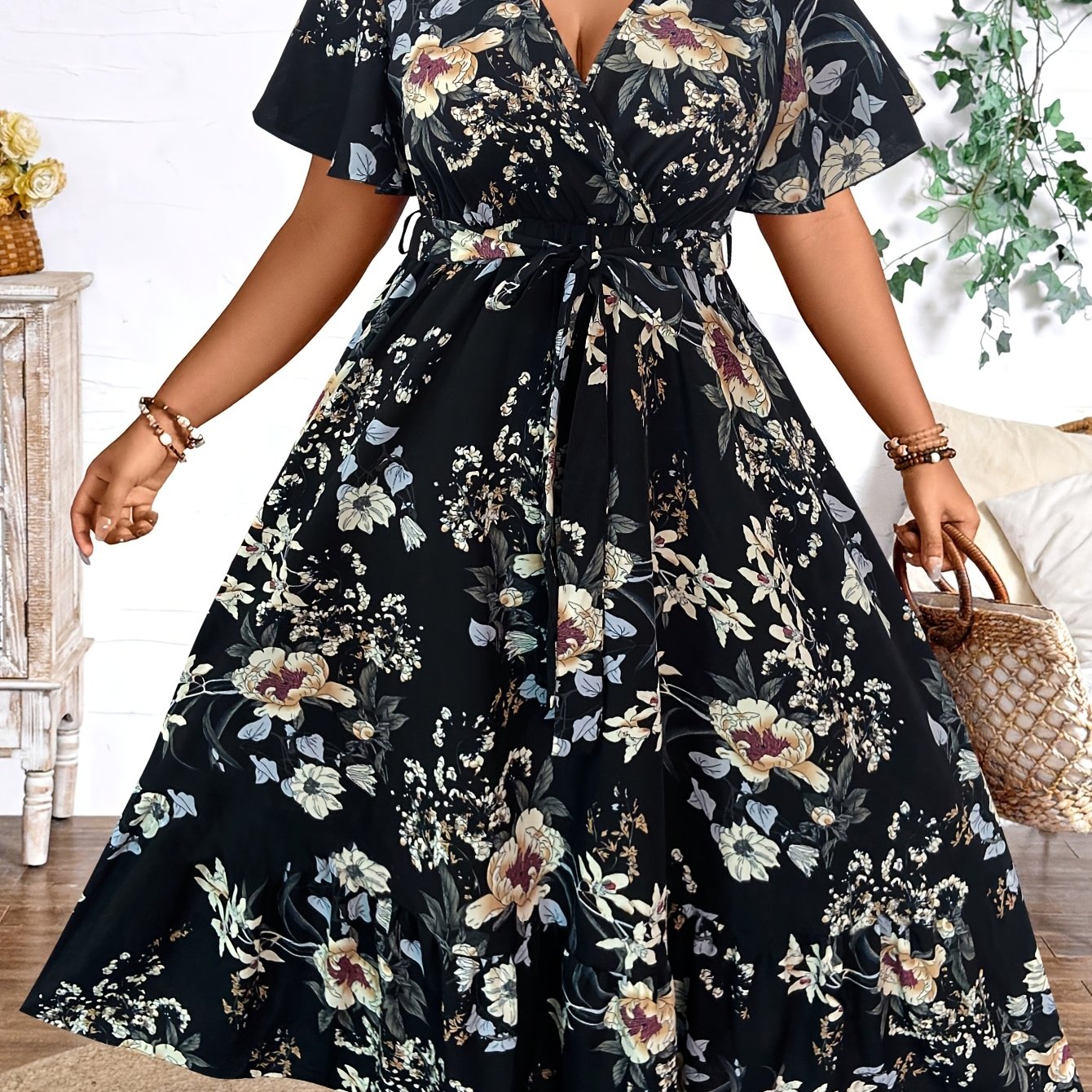Blue Floral Waist-Tie Maxi Dress — Garden-Fresh Print, Gracefully Cinched