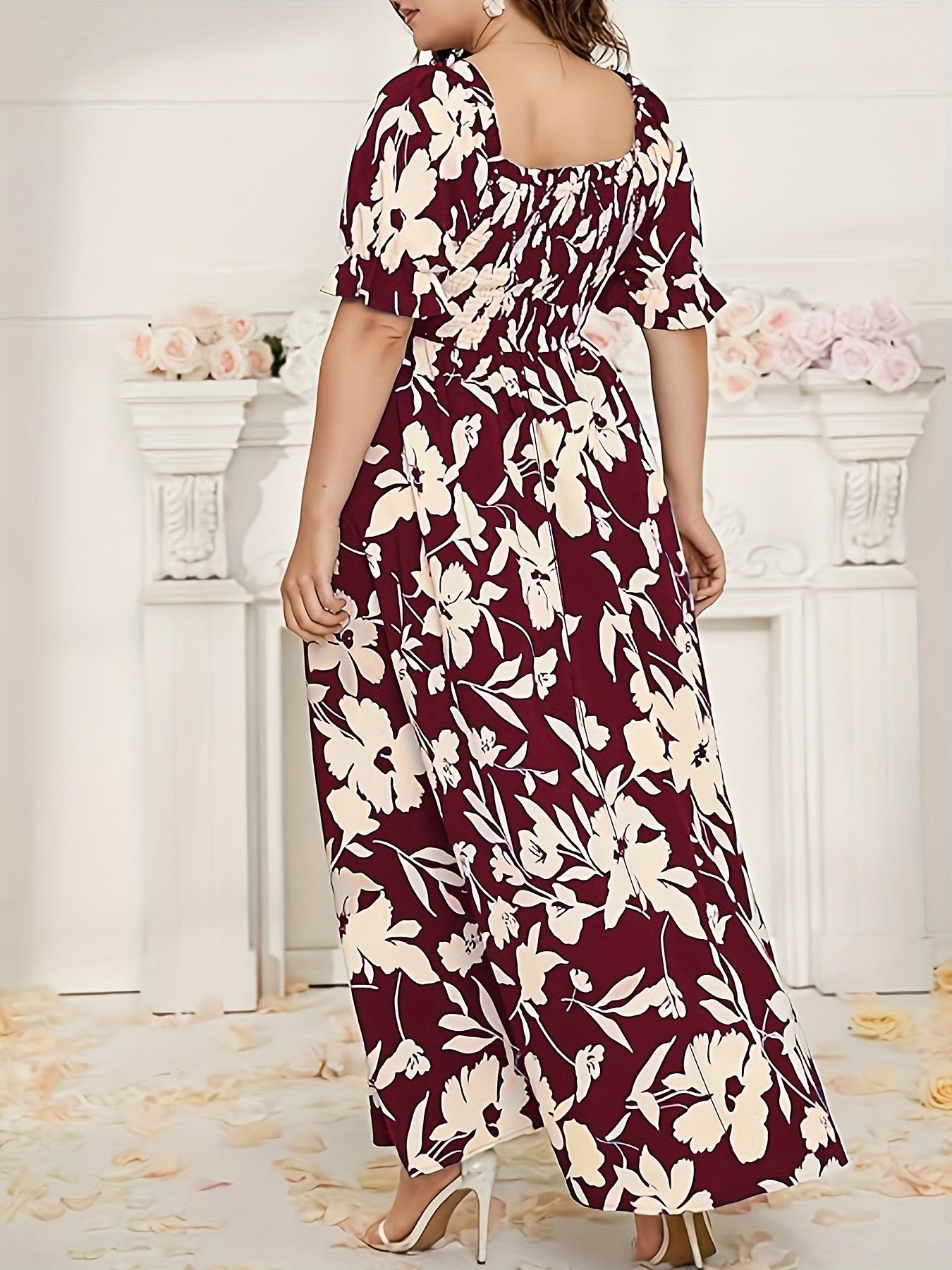Maroon & White Floral A-Line Floor-Length Gown — Formal Grandeur, Quietly Worn