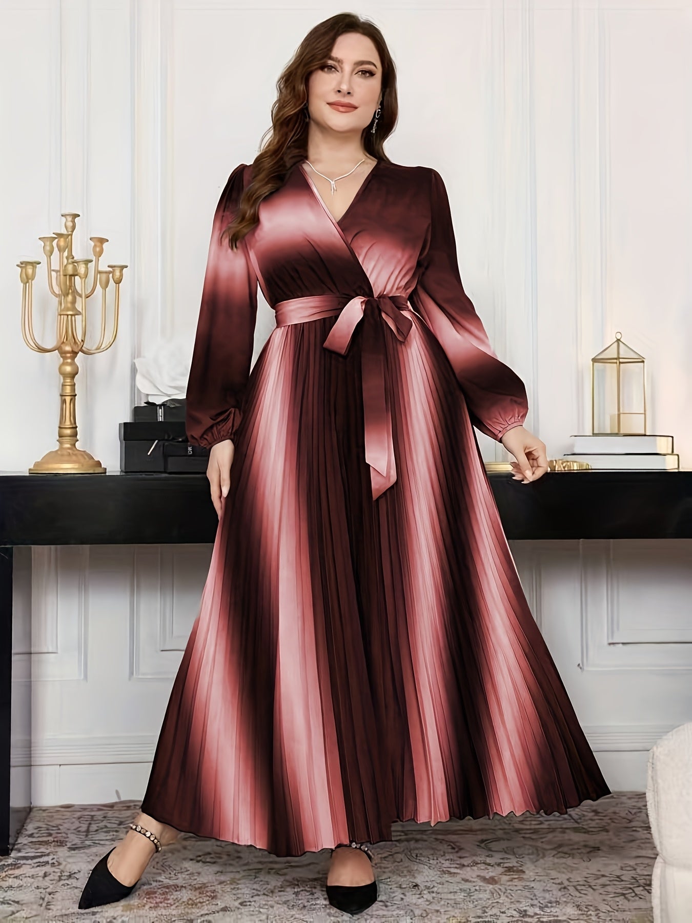 Gradient Lantern-Sleeve Tie-Waist A-Line Maxi Dress — Flowy Drama, Effortlessly Elevated