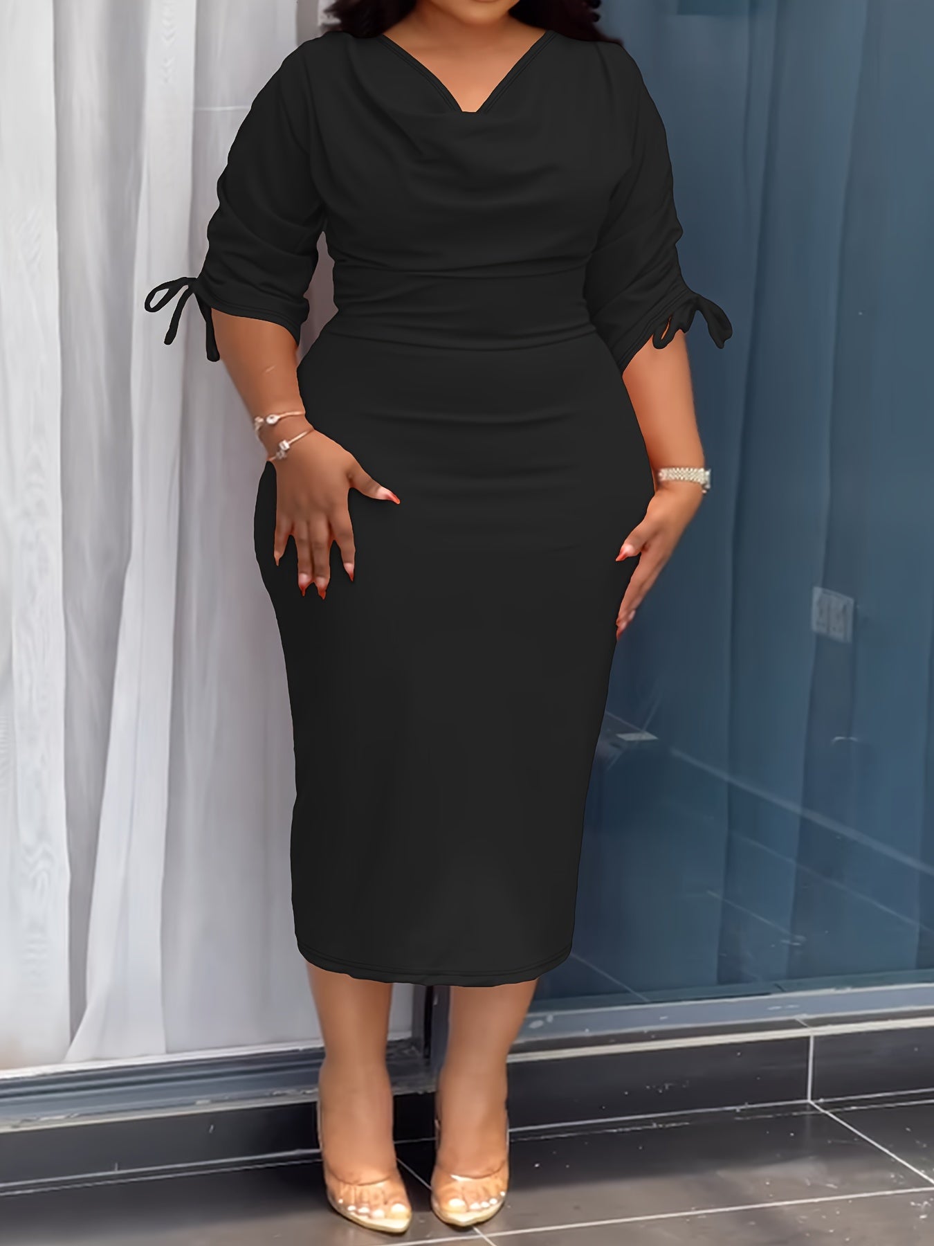 Cowl Neck Sheath Dress — Sculpted Ease, Understated Authority