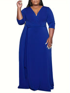 Vibrant Orange Belted A-Line Maxi Dress — 3/4 Sleeve Elegance, Floor-Length Confidence