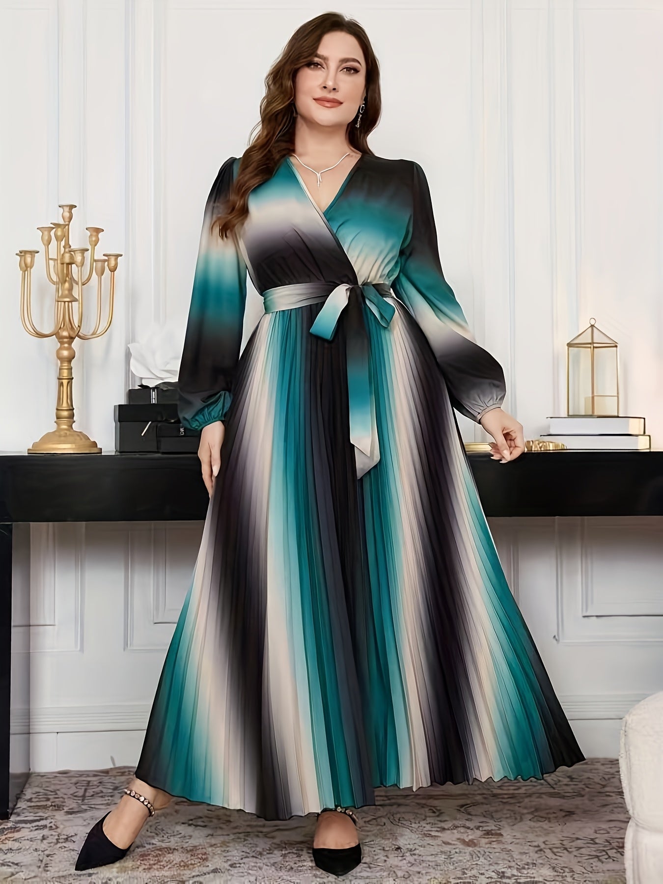 Gradient Lantern-Sleeve Tie-Waist A-Line Maxi Dress — Flowy Drama, Effortlessly Elevated