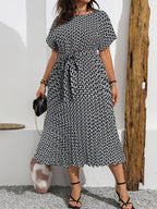 Printed Pencil-Skirt Midi Dress — Round Neck Refinement, Office-Ready Chic