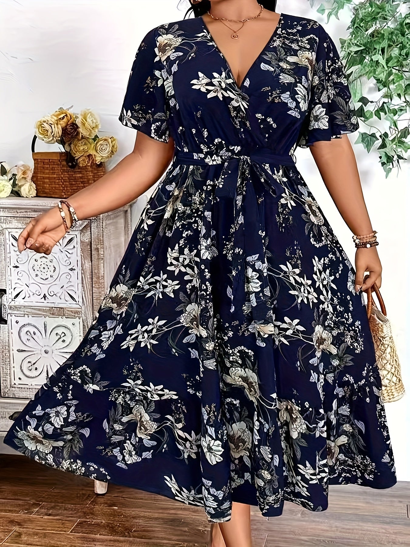 Blue Floral Waist-Tie Maxi Dress — Garden-Fresh Print, Gracefully Cinched