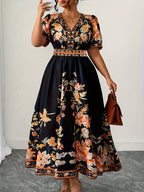 Soleil Floral Flare Maxi Dress — Orange Blossom Boldness on a Black Canvas