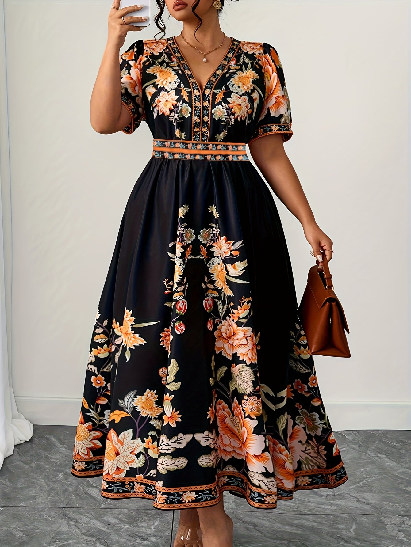 Soleil Floral Flare Maxi Dress — Orange Blossom Boldness on a Black Canvas