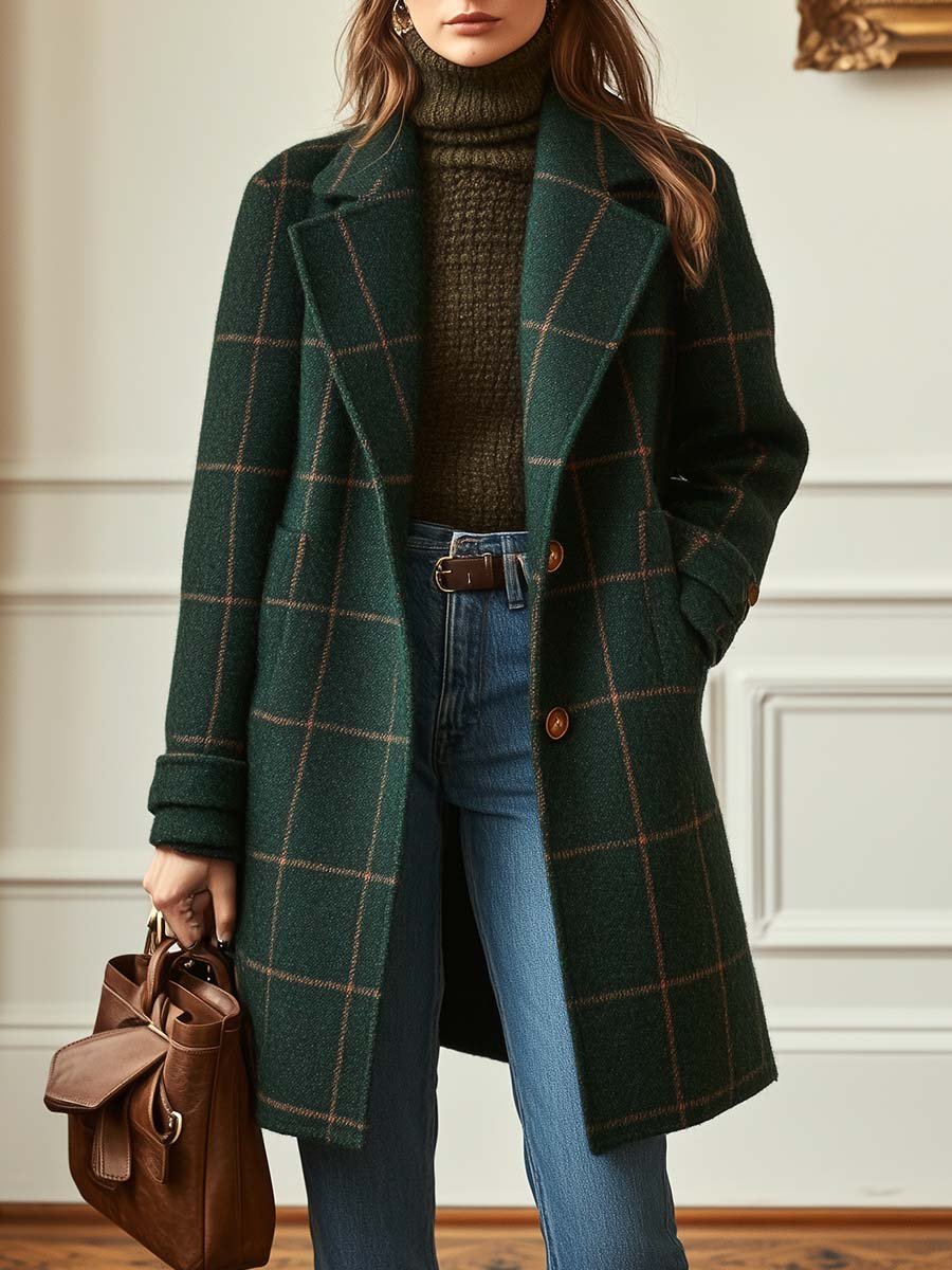 Wendy-Women's Retro Lapel Plaid Tweed Coat